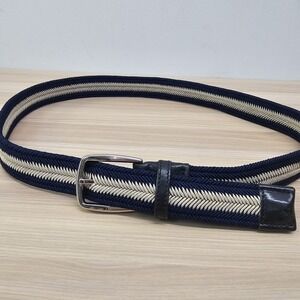 Braided Italian Belt Men 36 M Navy Cream Solid Brass Buckle Nautical Prep ITALY